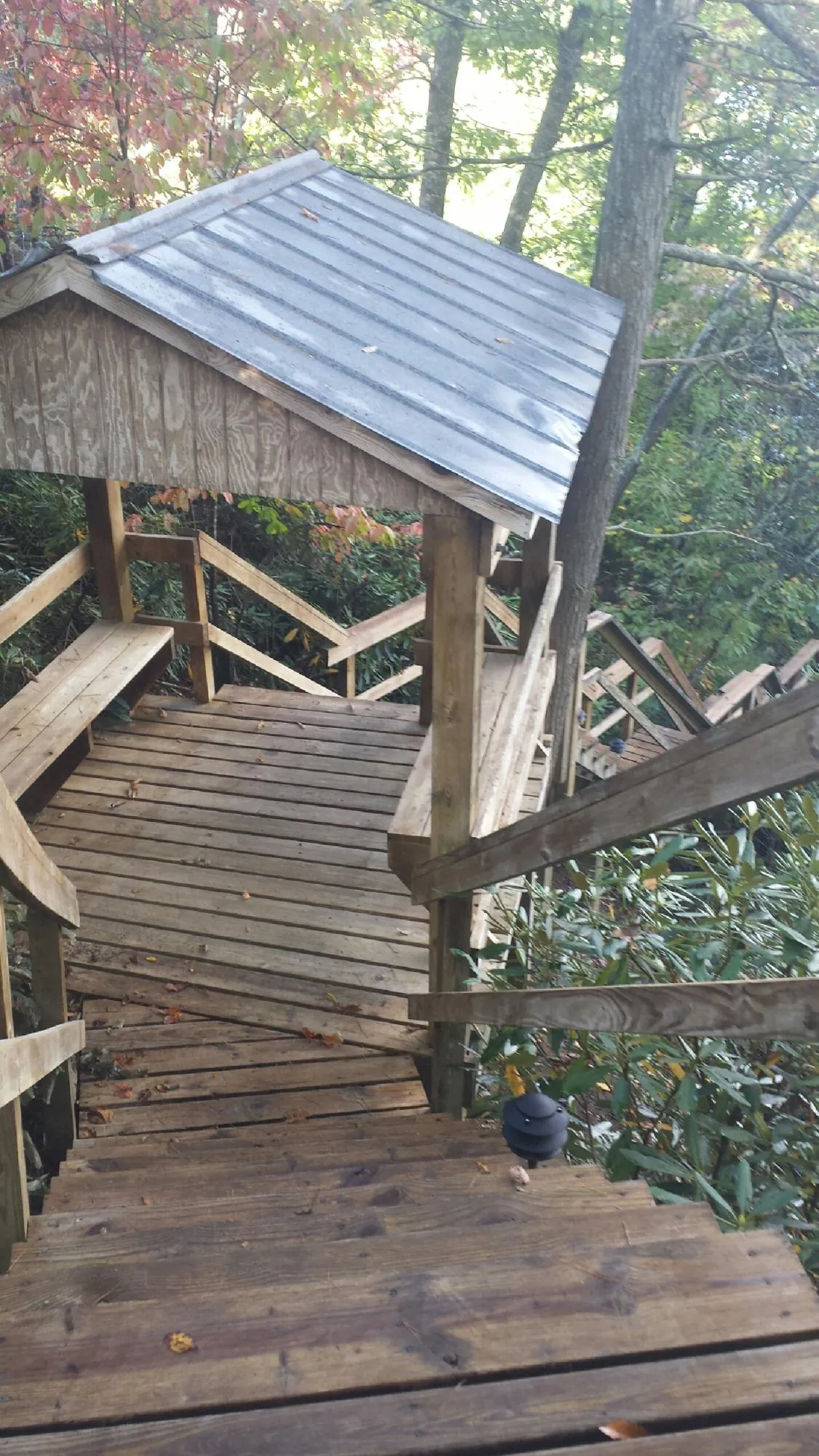 Metal roofed shelter over wooden steps on a wooded walkway — Skylight Repair & Installation work by our crew in Zeigler